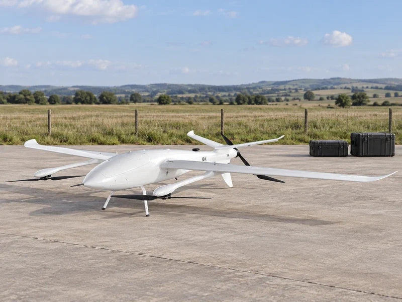 UG39 parked beside a rural survey workshop, full reference aircraft visible with plain survey cases behind