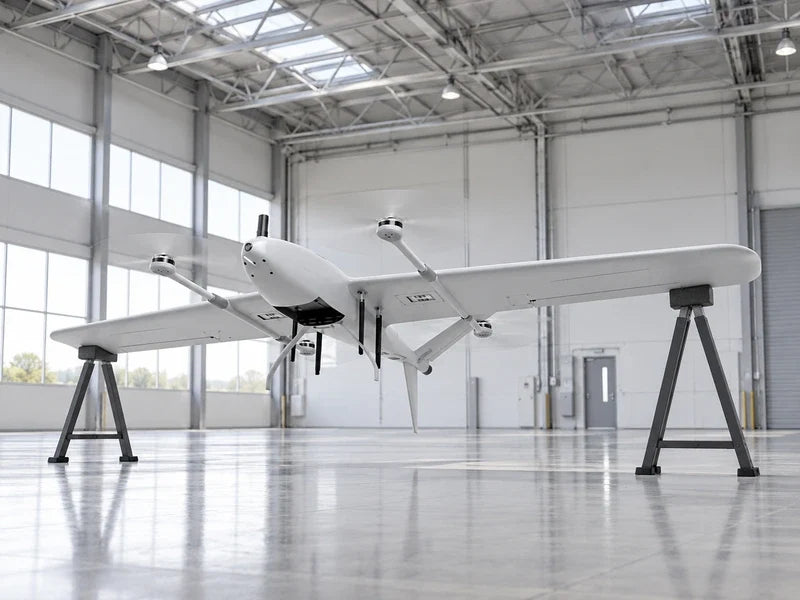 UIV2200 at its low underside angle on independent padded display supports in an empty civilian data-integration hall