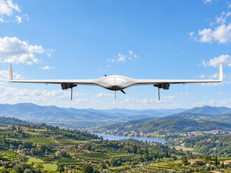 Front view of UG21 above a distant civilian terraced landscape under a bright clear sky, complete aircraft unobscured