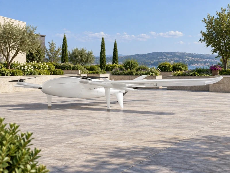 UG25 at its approved front-quarter angle on a paved civilian horticultural terrace beside a neat grid of planter beds