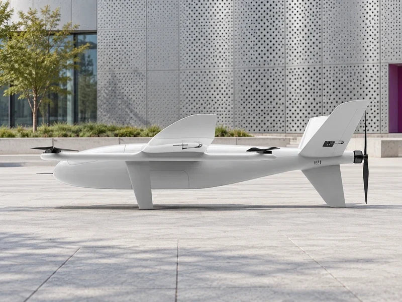UG35 in its exact approved side profile resting on original supporting surfaces on a pale outdoor engineering-campus plaza with a distant perforated acoustic facade