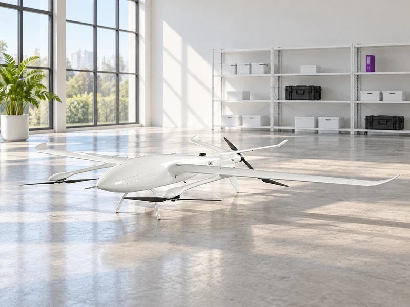 UG39 at its approved front-quarter angle on original landing legs in a sunlit municipal-style mapping studio with plain white storage shelves and no insignia