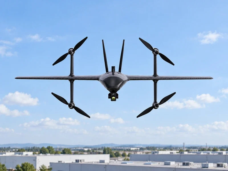 UVH2 in its approved frontal geometry against clear pale blue sky above a distant civilian industrial roof with no logos or people