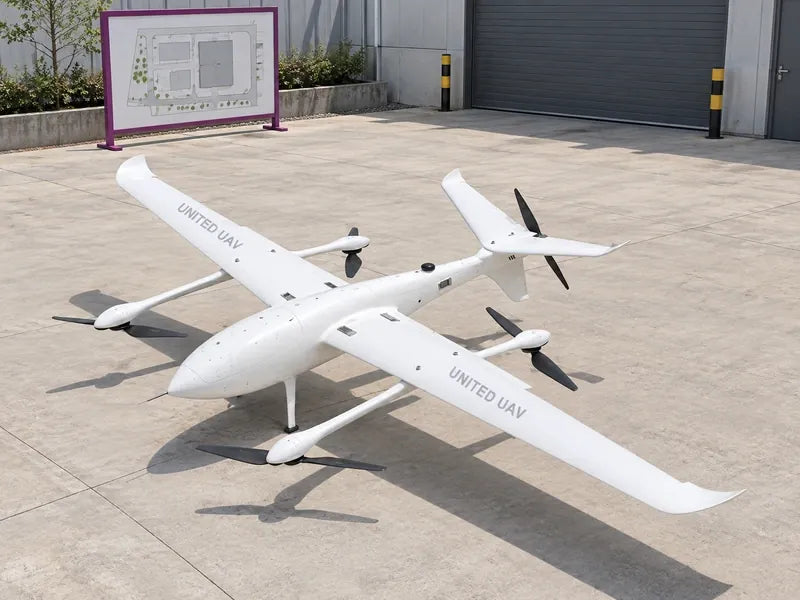 UG32 parked beside a facilities planning board in a bright empty industrial courtyard, full aircraft visible.