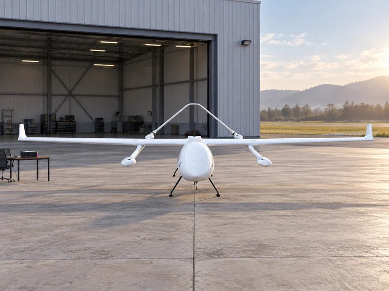 UG62 parked outside a modern evaluation hangar with a simple review desk nearby, clear full-product view.