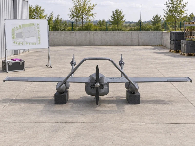 UG73 on separate foam supports at a paved maintenance depot, complete rear-facing structure and wings visible.