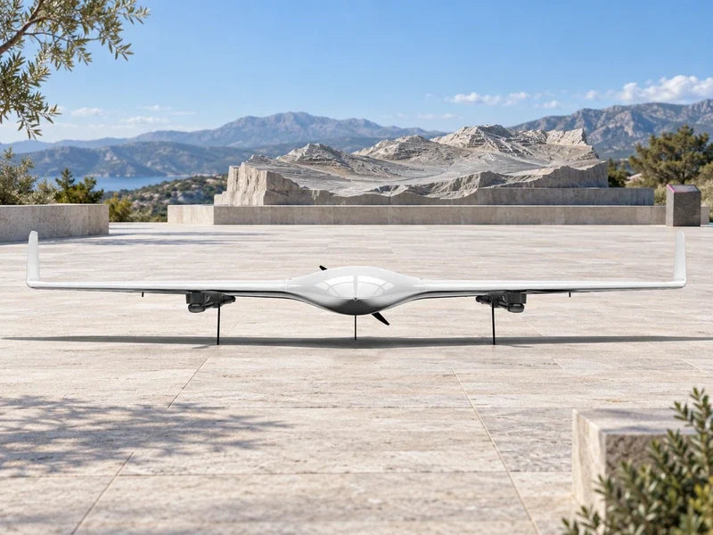 UG21 in its approved frontal view on a broad open-air geology exhibit terrace, pale layered terrain relief in the background and clear daylight