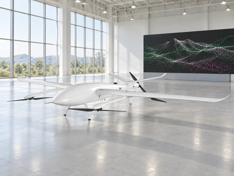 UG39 in its approved front-left three-quarter view in a high-ceiling white exhibition space, a distant separate abstract point-cloud display with restrained green and magenta points