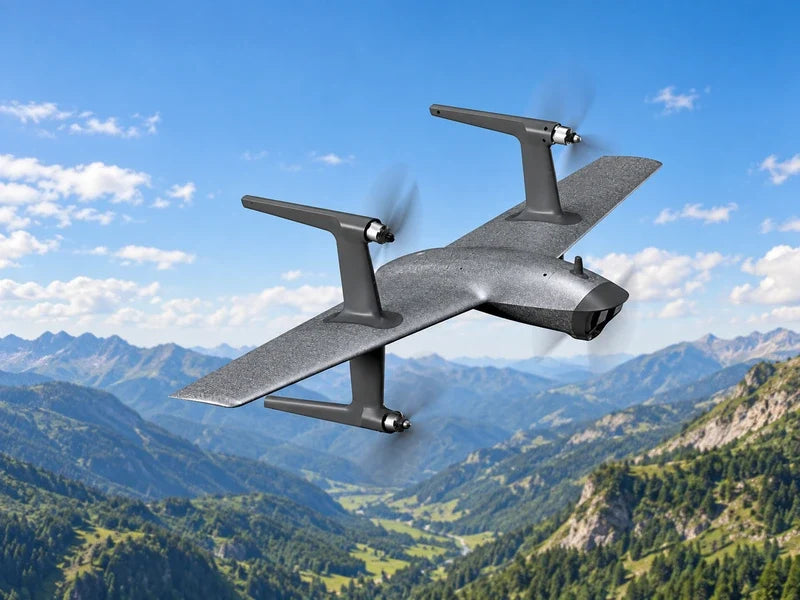 UVH RTF in its approved front-quarter view with original rotor motion blur, shown in a generated open-air mountain valley illustration without added hardware