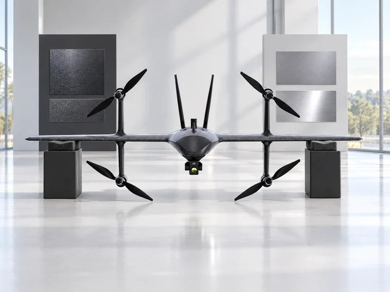 UVH2 in its approved frontal view supported on two clearly separate padded display cradles in a bright materials exhibition room, distant matte and polished metal sample panels