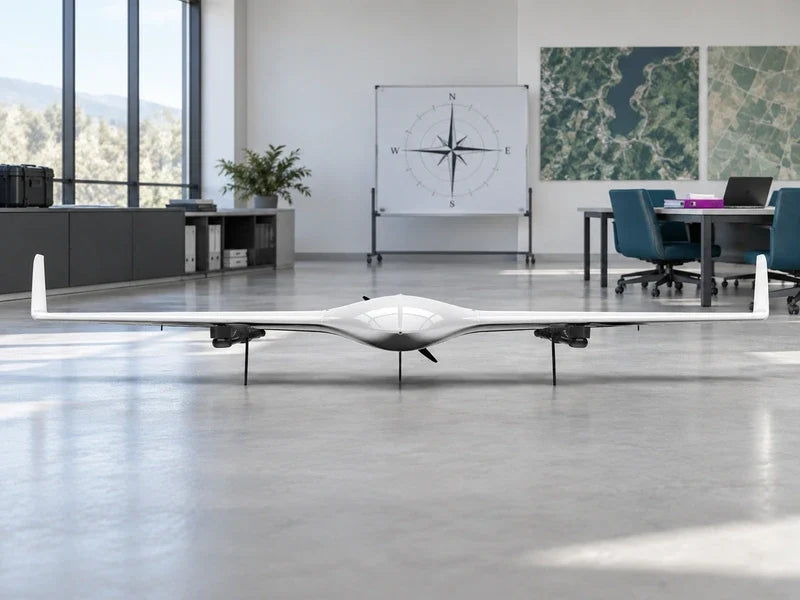 UG21 in its approved frontal view on a wide pale-gray floor in a bright survey planning room, separate upright compass teaching board behind it