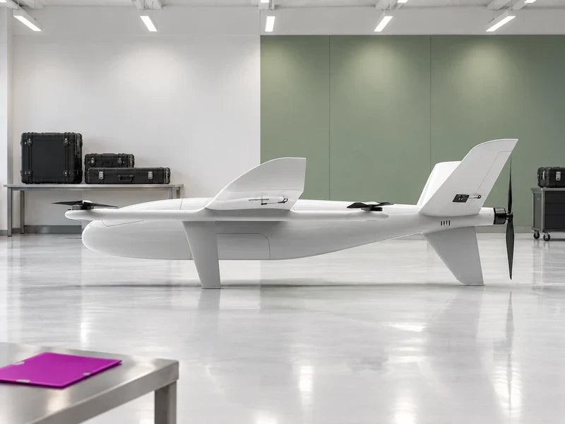 UG35 in its approved left-facing side profile on a broad white floor in a bright measurement review room, separate closed reference-instrument cases and a green wall panel