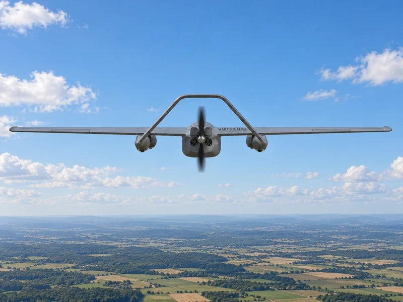 Rear view of UG73 in its approved perspective, airborne against blue sky above distant farmland