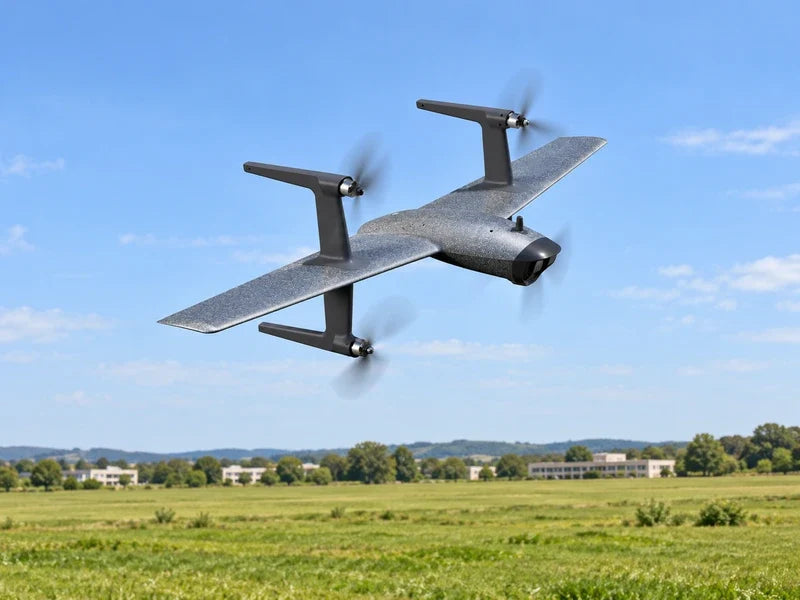 UVH RTF in its exact approved airborne perspective above a broad unoccupied grass training landscape with distant low classroom buildings and clear daylight, no operators or official insignia