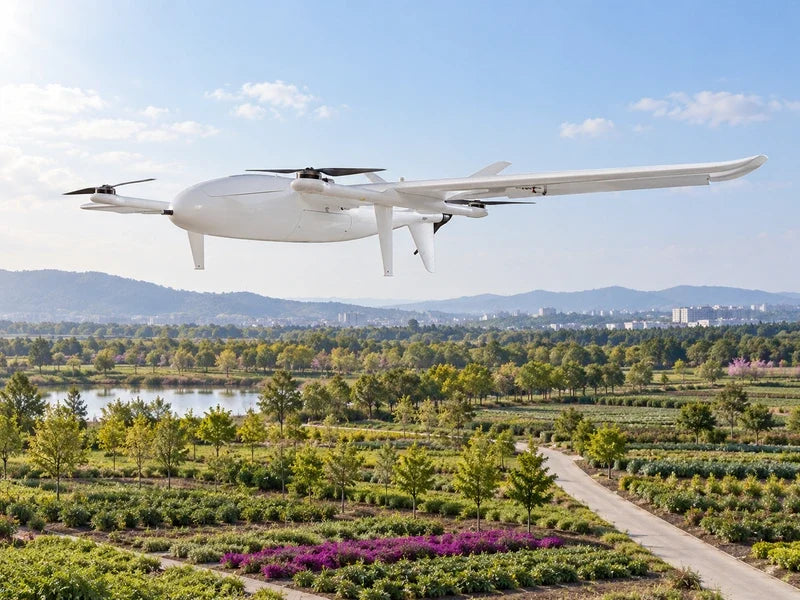 UG25 in the exact approved three-quarter airborne perspective over a broad mosaic of civil landscaping beds with a pale maintenance path, diffuse clear daylight
