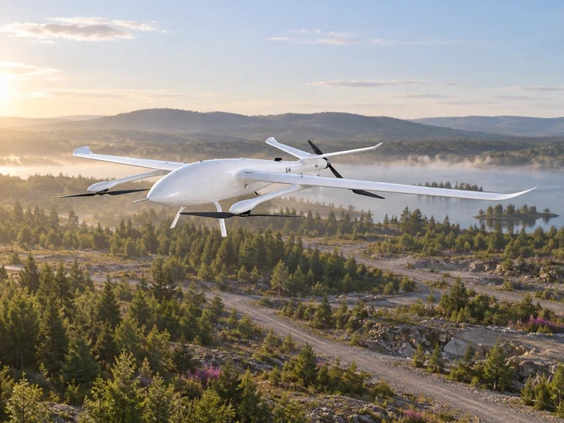UG39 in the approved three-quarter airborne perspective above a quiet civil survey landscape of sparse woodland and gravel paths, soft morning light