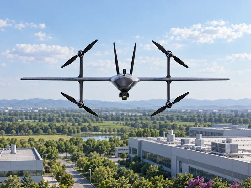 UVH2 in exact approved frontal airborne perspective above a quiet industrial campus with distant rooftop ventilation units and broad green space, no people