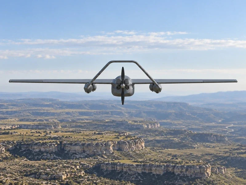 UG73 in exact straight rear view with complete wings visible above a quiet terraced rocky plateau, cool morning daylight