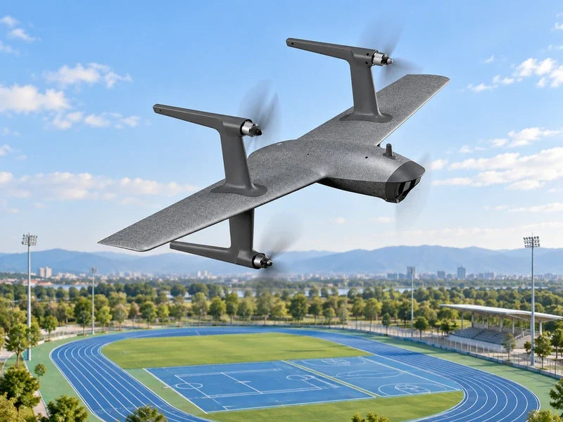 UVH-RTF in the exact reference three-quarter cruise orientation over an empty outdoor athletics oval with blue court surfaces and no people