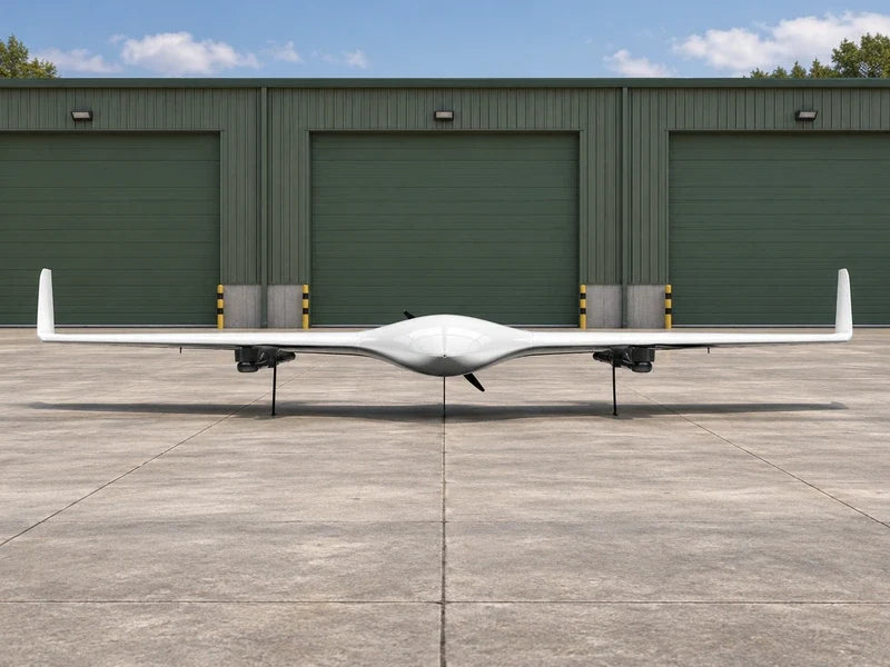 UG21 in exact frontal view on an empty paved mapping-depot apron, green survey storage doors behind