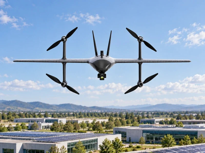 UVH2 in exact frontal reference orientation above an empty solar research campus with low buildings, soft daylight