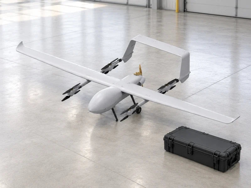 UG82 in its reference high three-quarter view on a pale hangar floor beside a closed instrument transport case