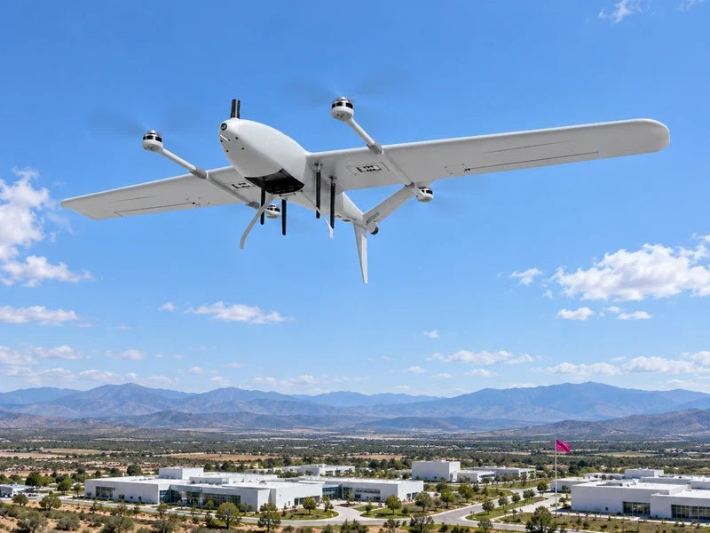 UIV2200 in exact underside reference orientation against open sky above a distant unoccupied calibration research campus with white roofs, magenta flag far below