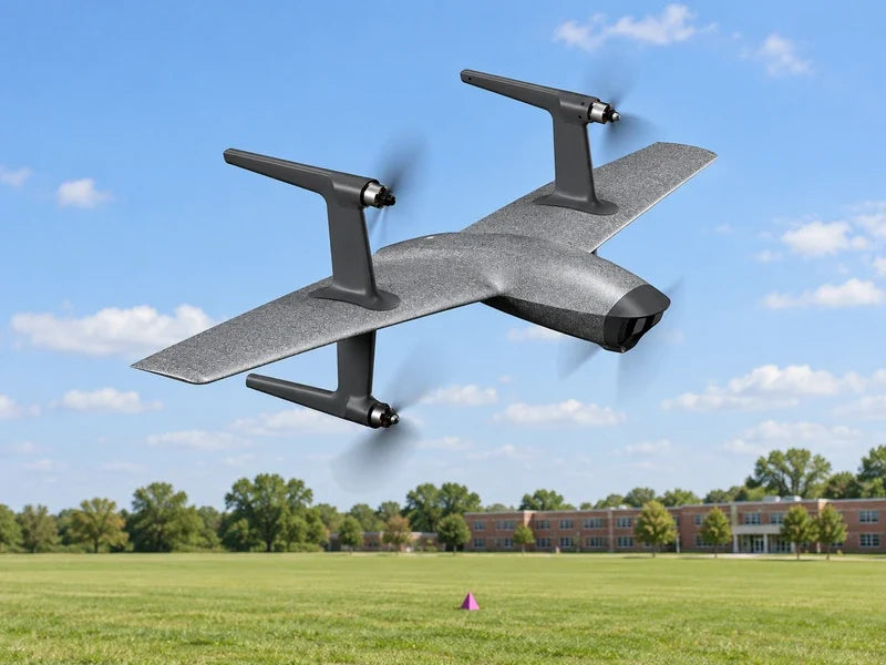 UVH-RTF in exact reference three-quarter orientation above an empty broad grass educational test area beside a distant low brick classroom building, small magenta marker below