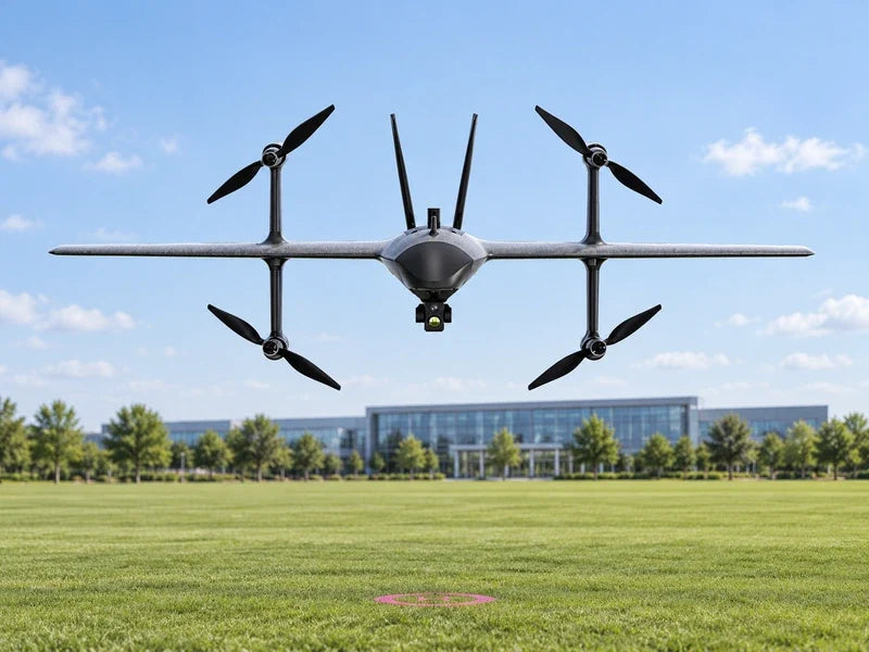 UVH2 in exact frontal reference orientation over a wide empty staging lawn well separated from a distant glass-fronted commercial building, subdued magenta marker below