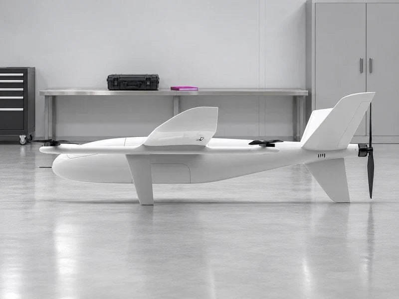 UG35 in its approved side profile on a clean integration-room floor with a disconnected instrument case on a separate bench