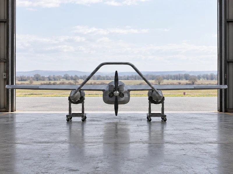 Full rear view of UG73, preserved arch-shaped tail and central pusher, at the threshold of an unoccupied corrugated hangar facing a pale rural survey landscape.