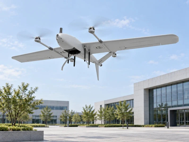 UIV2200 complete underside oblique view matching reference in low flight against an empty modern metrology-campus courtyard and pale sky, all booms and landing legs visible.