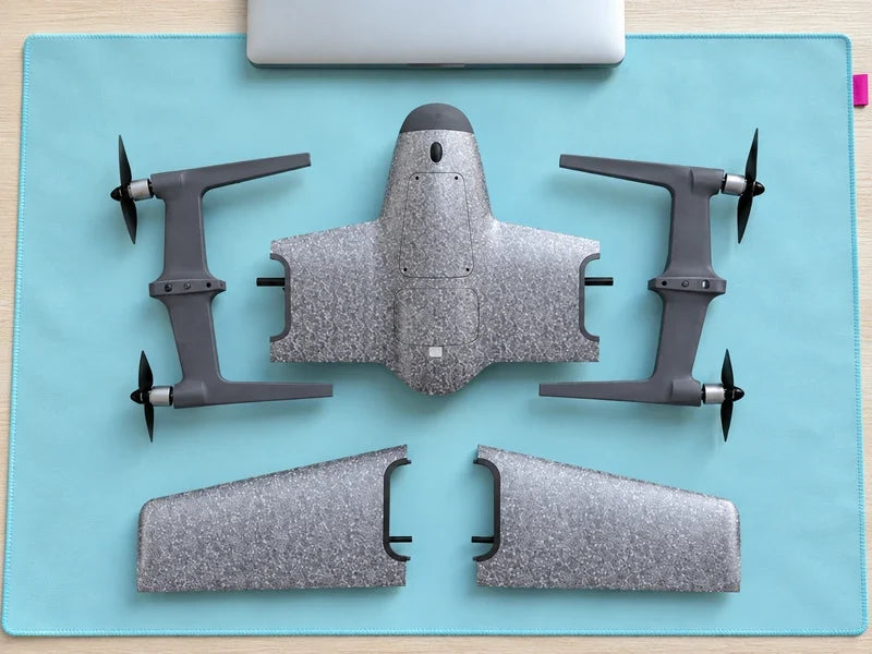 Unassembled UVH-PNP foam components and four propellers on a pale cyan review mat beside a closed laptop