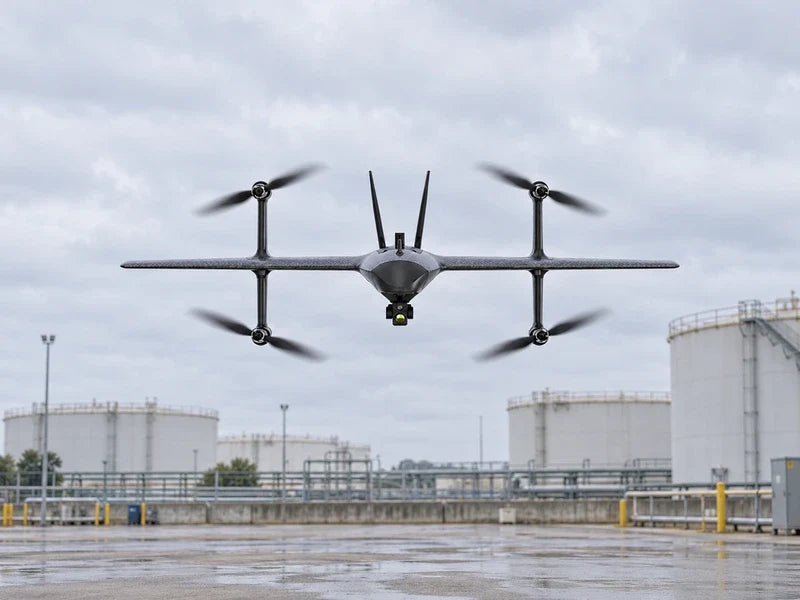 UVH2 viewed head-on in the exact reference attitude over a quiet open industrial service yard, distant opaque storage tanks, neutral overcast sky, entire aircraft visible.