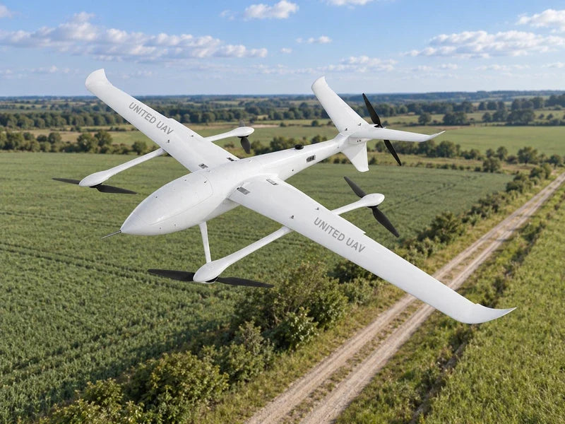 UG32 in its approved oblique nose-left attitude above an unoccupied straight rural maintenance track, muted green fields, broad daylight.