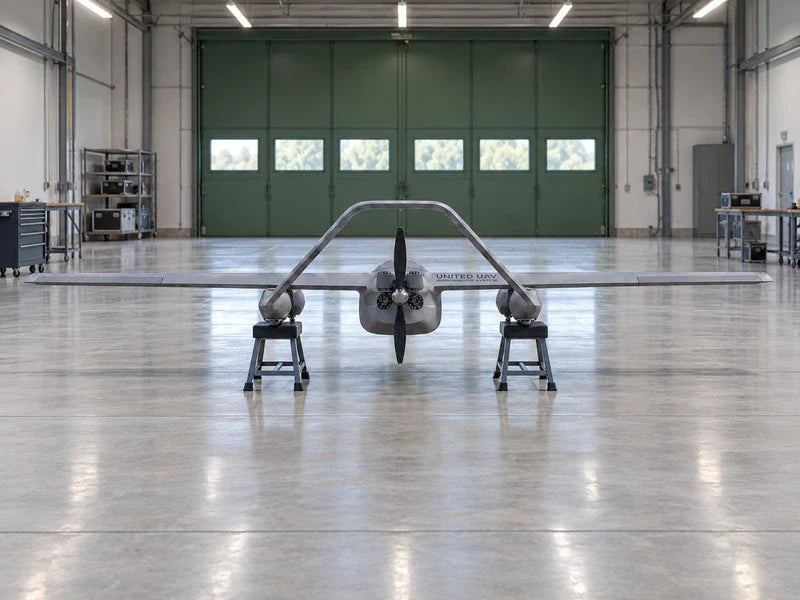 UG73 full aircraft viewed from rear level with the single raised tail arch, on two clearly separate padded trestles in a spacious empty mapping equipment hall with green rear doors; all wing tips visible.