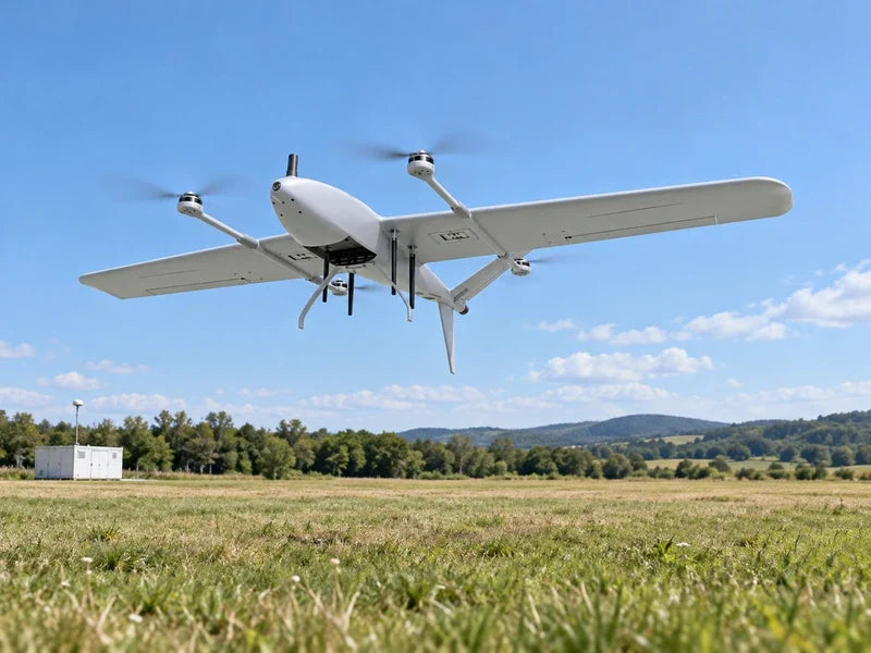 UIV2200 full underside oblique aircraft view matching the main reference in low flight over an empty rural survey staging field, a simple white equipment shelter distant at left, natural clear daylight.