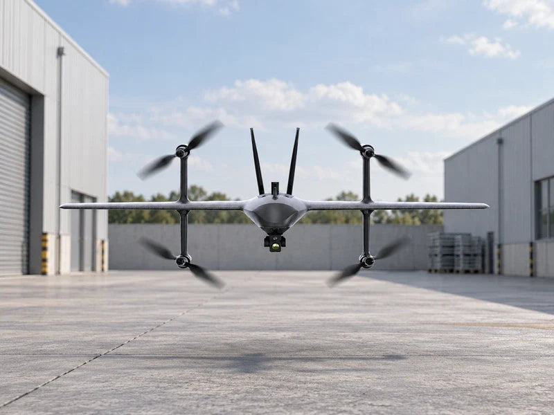 UVH2 exact front-on silhouette in low hover in an empty generic industrial courtyard, four propellers and original small under-nose camera visible, soft daylight, no overlays or thermal inset.