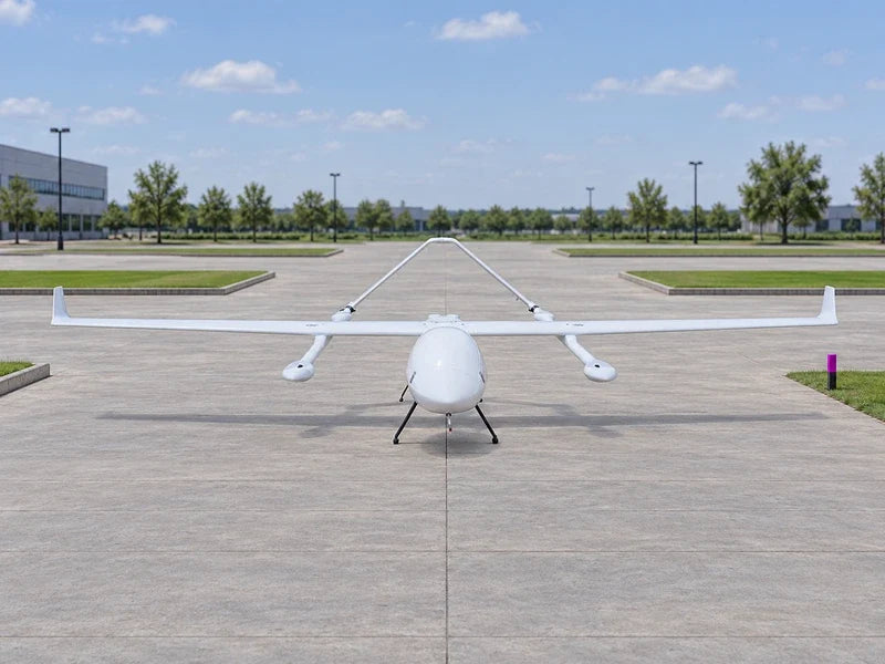 UG62 in its approved frontal reference view parked on a broad empty paved campus with separated rectangular grass islands and a small magenta marker