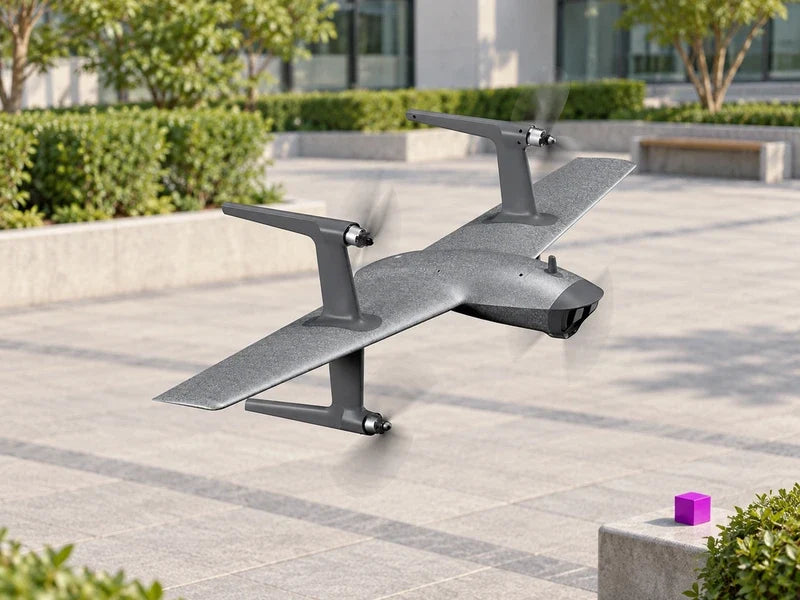 UVH-RTF exact approved three-quarter reference orientation above an empty open-air teaching courtyard with low green hedges and a small magenta marker