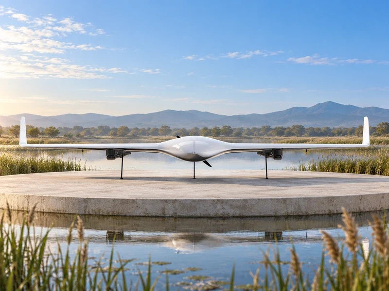UG21 viewed directly from the front on a wide circular pale-stone platform beside a reed-lined wetland and distant low mountains, full span visible in soft morning light.