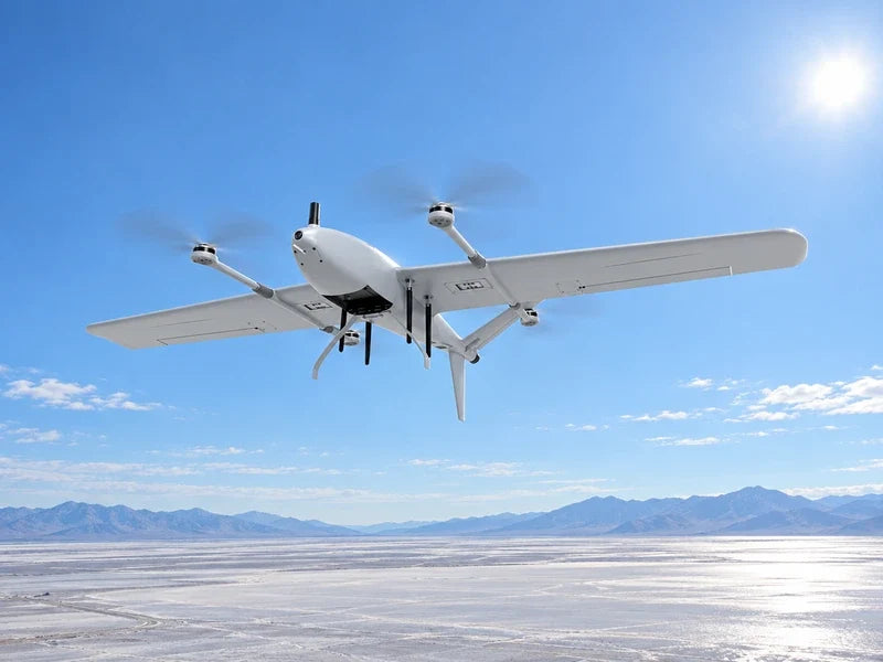 UIV2200 from the approved low front-underwing angle in an illustrative clear-sky flight scene above a distant geometric salt-flat research landscape, unchanged aircraft structure and no added payload.