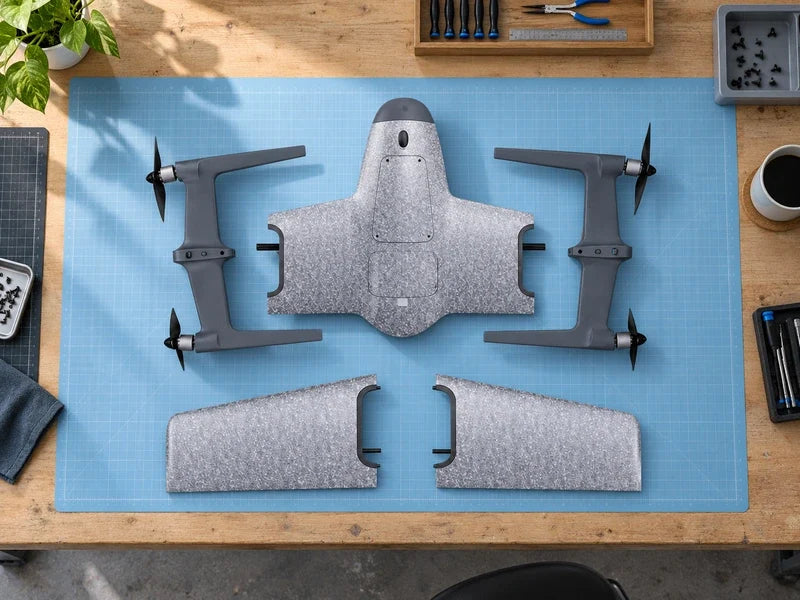 UVH-PNP detached foam airframe components arranged exactly like the approved overhead reference on a pale blue engineering mat on a large bench, no assembly changes, soft window light.