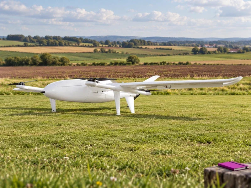 UG25 stationary on a short grass staging strip beside patchwork agricultural plots, three-quarter eye-level view, no people or flight.