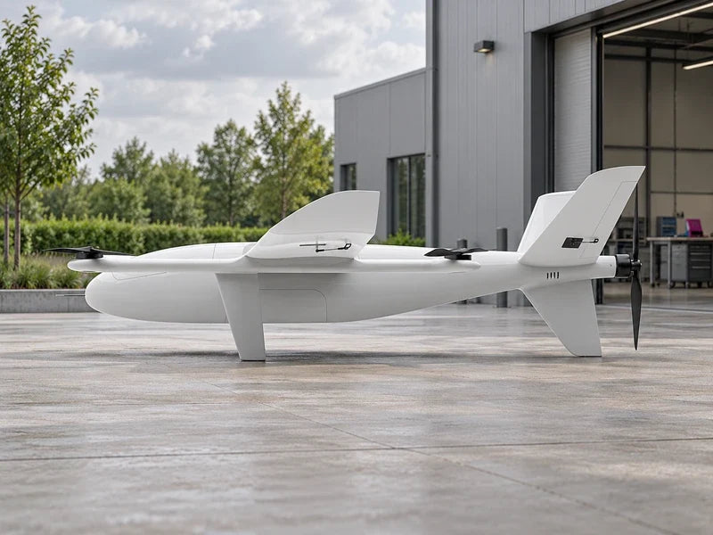 UG35 parked on a clean workshop apron outside an unbranded building, side profile with no added payload or attached cables.