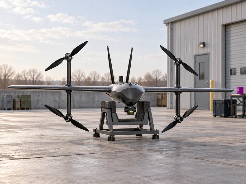 UVH2 supported on a separate padded maintenance cradle on a clean concrete apron beside an unbranded utility building, frontal view with propellers clear of the ground.