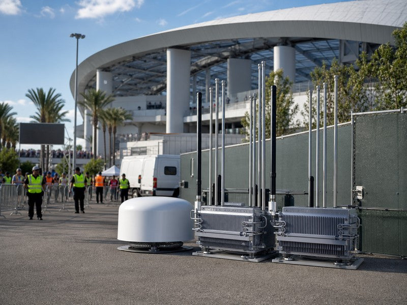 Integrated counter-UAV system staged near a stadium operations compound