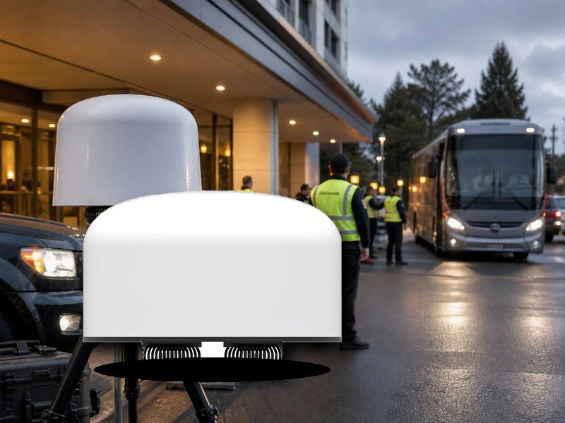 USJ1 radar positioned near a hotel arrival lane before England's Mexico City match