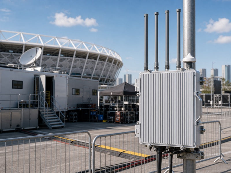 UFD1 style fixed drone detection unit mounted beside a broadcast compound