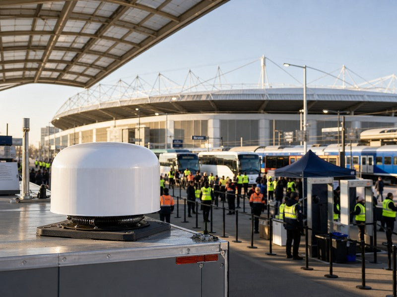 White dome airspace-monitoring radar deployed at a transport hub near a stadium